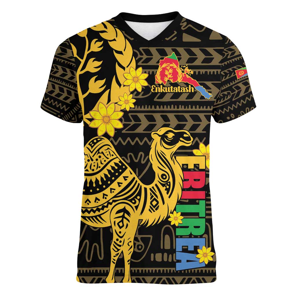 Enkutatash Eritrea New Year Women V-Neck T-Shirt Eritrean Camel African Pattern