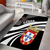 Black area rug with large CEUTA wordmark, crest shield, and white curved lines