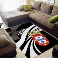 Black area rug showing CEUTA text, crown crest, and sweeping curved white stripes