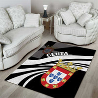 Black area rug with CEUTA text, red-white crest, and curved white stripes