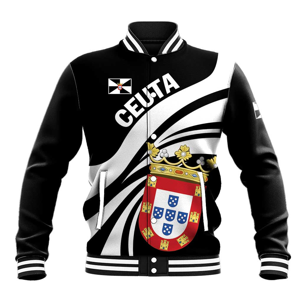 Black unisex baseball jacket with snap front, ribbed collar, striped cuffs, graphic crest.