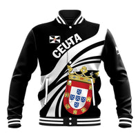Black unisex baseball jacket with snap front, ribbed collar, striped cuffs, graphic crest.