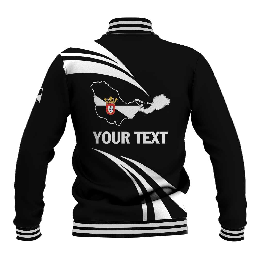 Black unisex baseball jacket back with map graphic, 'YOUR TEXT' print, ribbed cuffs.