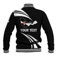 Black unisex baseball jacket back with map graphic, 'YOUR TEXT' print, ribbed cuffs.