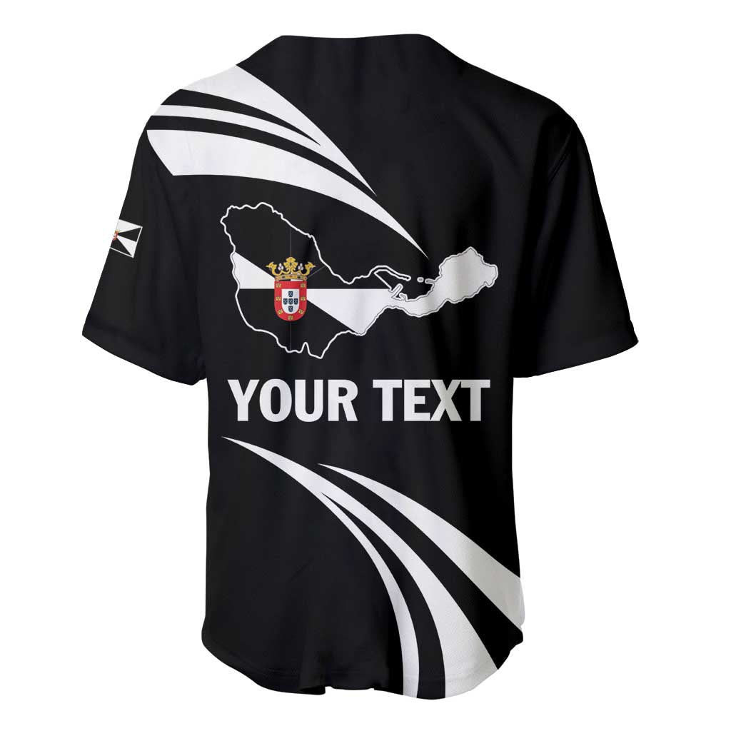 Black baseball jersey with white swirl stripes, map graphic, and 'YOUR TEXT' print