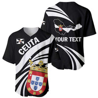 Two-sided view of black baseball jersey with white stripes, crest, and 'YOUR TEXT' print