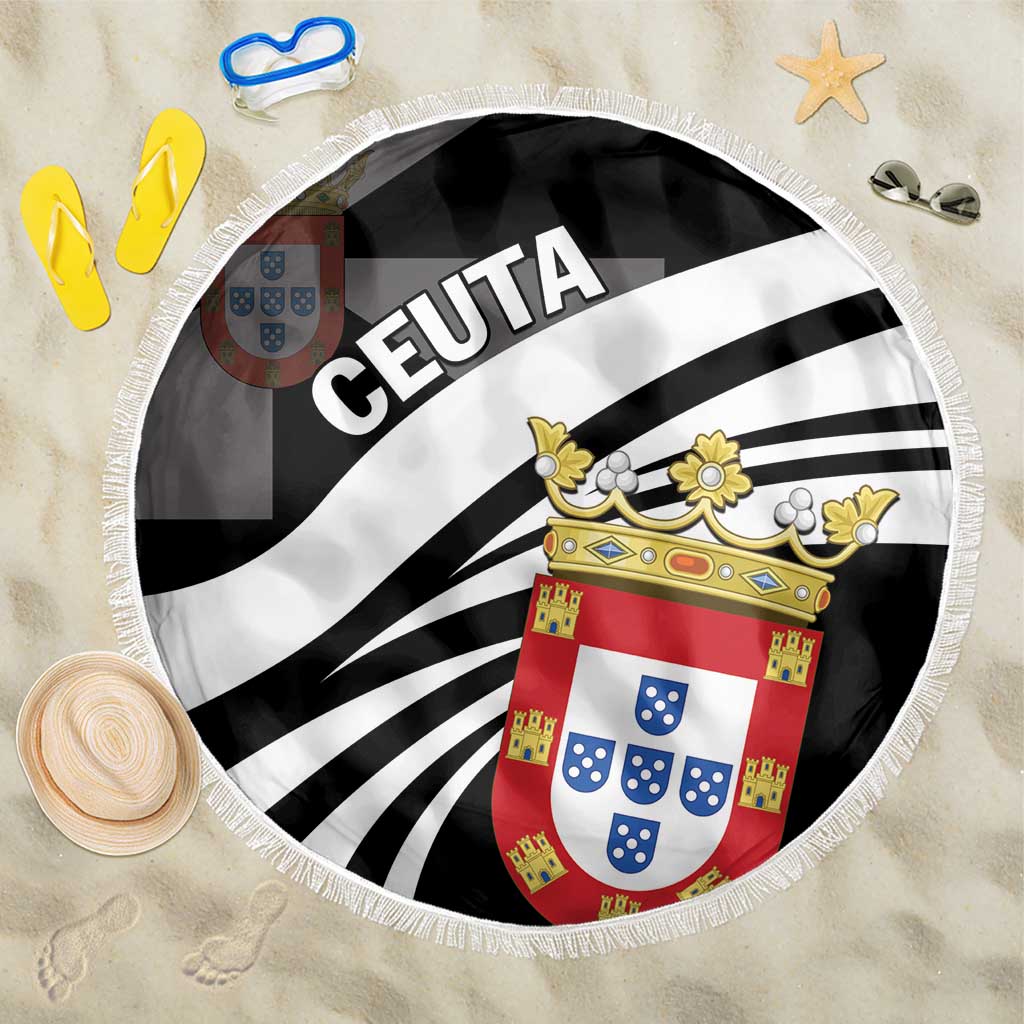 Round beach blanket with fringe, CEUTA lettering, black/white stripes and red crest shield