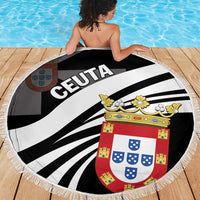 Round beach blanket with fringe, CEUTA lettering, black/white stripes and red shield crest