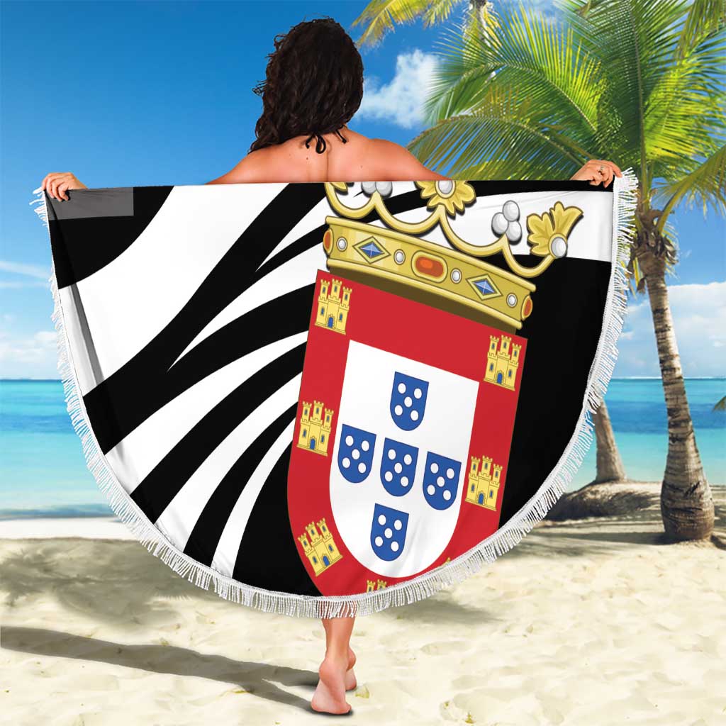 Round beach blanket with fringe, CEUTA lettering, black/white stripes and red crest shield