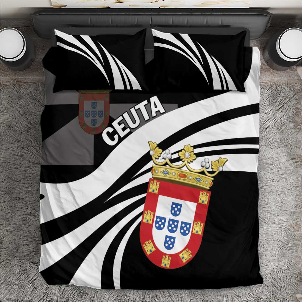 Black duvet cover set with bold white zebra stripes, Ceuta text, and crest on pillows