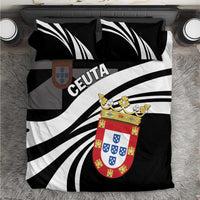 Black duvet cover set with bold white zebra stripes, Ceuta text, and crest on pillows