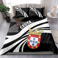 Black and white striped duvet set with Ceuta crest graphic and two matching pillowcases