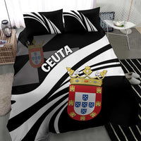 Black duvet cover with white diagonal stripes, Ceuta wordmark, and crest; two pillowcases