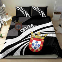Black and white duvet bedding set with Ceuta crest, big diagonal stripes, and two pillows