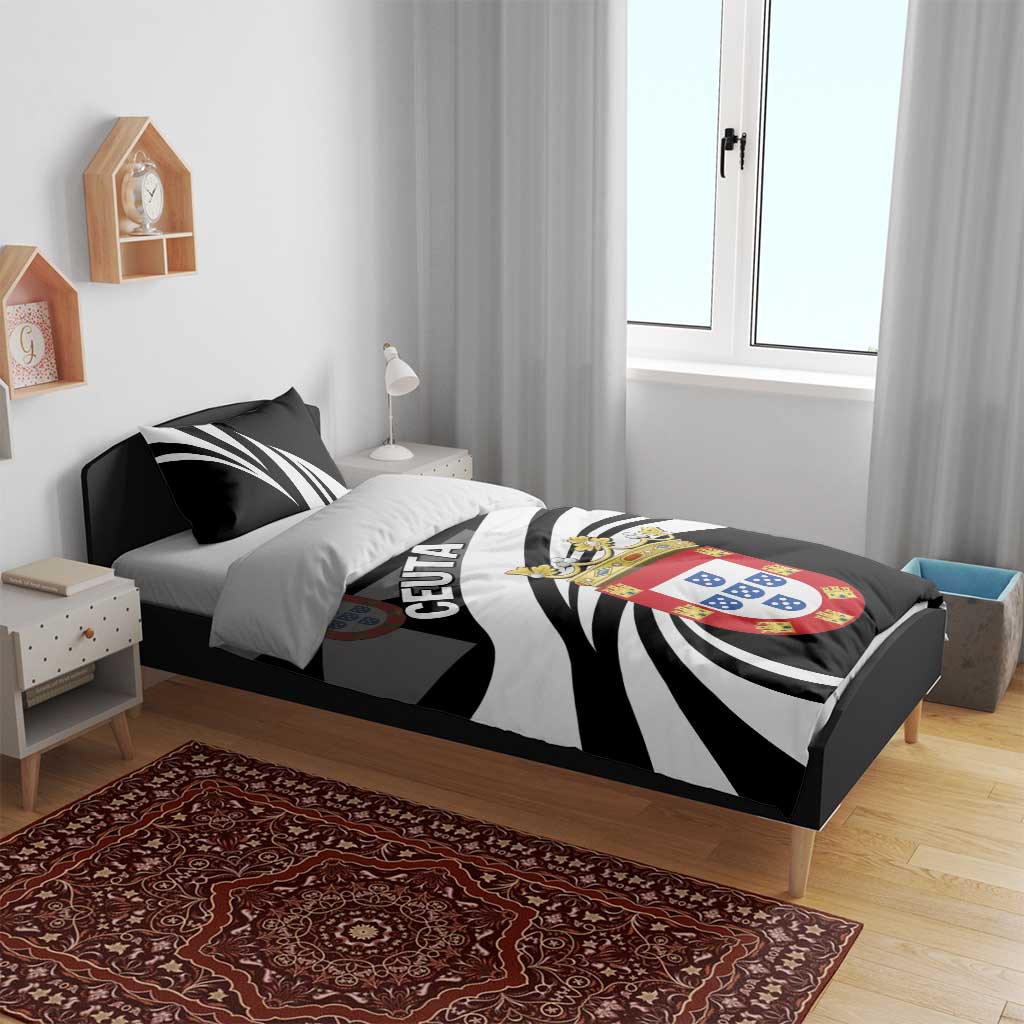 Ceuta-themed black-and-white duvet set with striped design, crest, and two pillowcases