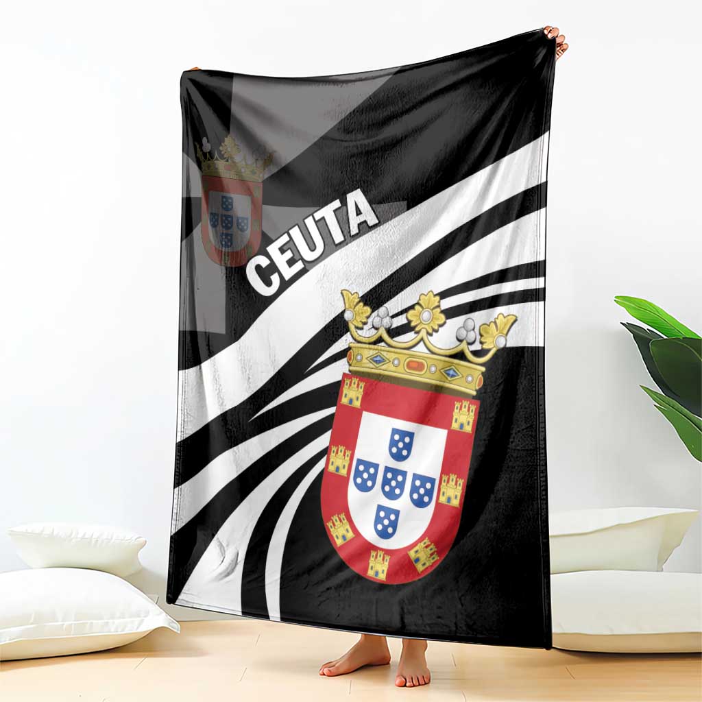 Black day blanket with white rays, bold 'CEUTA' text, and coat-of-arms graphic