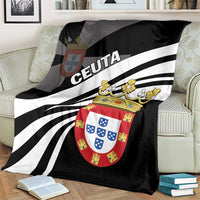 Black blanket with white stripe rays, 'CEUTA' title, and coat-of-arms shield graphic