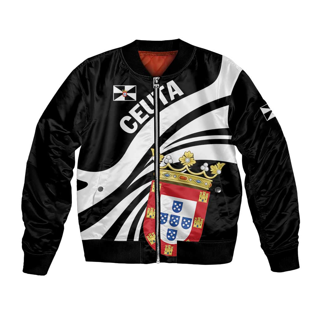 Black unisex bomber jacket with front zip and bold Ceuta graphic panel