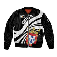 Black unisex bomber jacket with front zip and bold Ceuta graphic panel