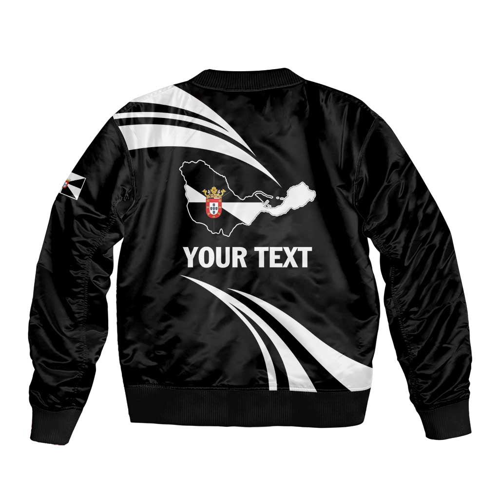 Black bomber jacket with back map graphic and 'YOUR TEXT' print, ribbed cuffs