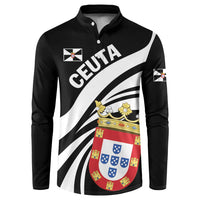 Black button sweatshirt front with CEUTA text, crest shield, gold crown, white stripes