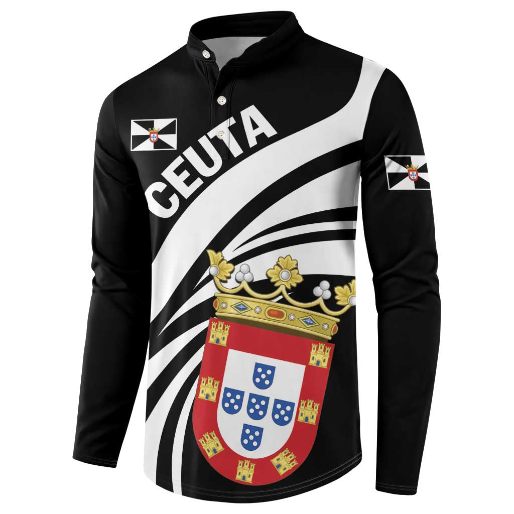 Black button sweatshirt front with CEUTA, crest shield and gold crown over white swoosh