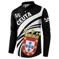 Black button sweatshirt front with CEUTA, crest shield and gold crown over white swoosh
