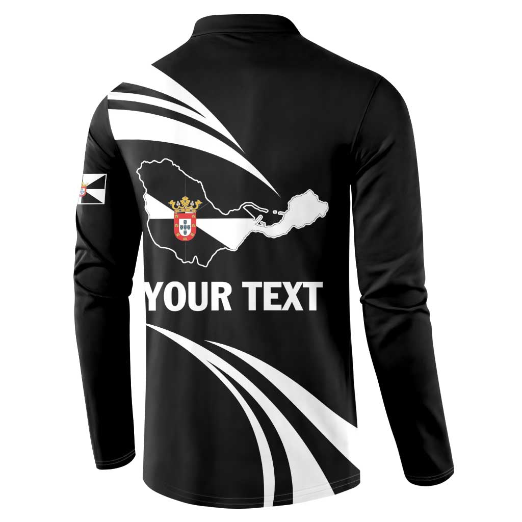 Black button sweatshirt back view with map and crest, white swoosh stripes