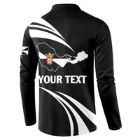 Black button sweatshirt back view with map and crest, white swoosh stripes