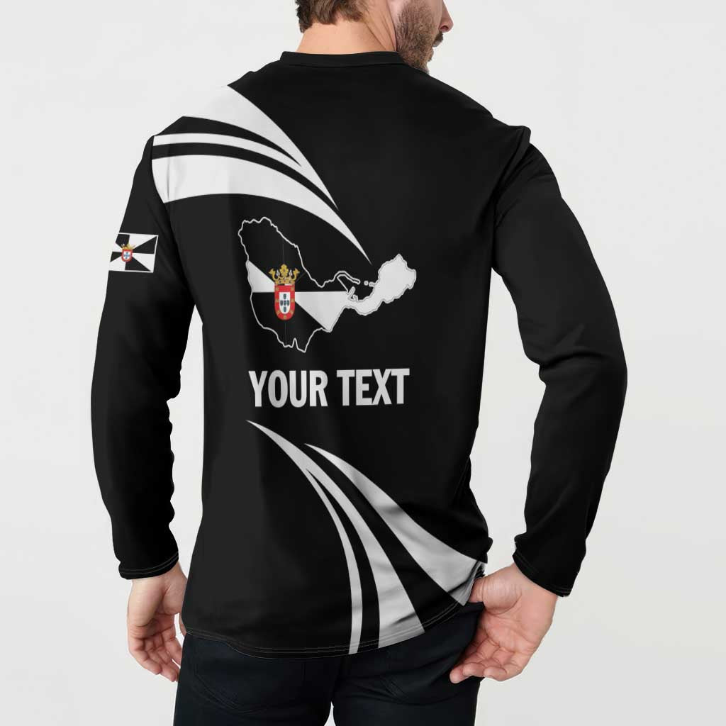 Black button sweatshirt with back graphic, white stripes, map, crest, YOUR TEXT