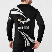 Black button sweatshirt with back graphic, white stripes, map, crest, YOUR TEXT