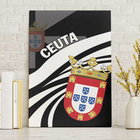Black-and-white striped canvas wall art with red crest shield and “CEUTA” text