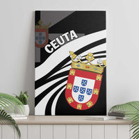 Hanging canvas wall art featuring “CEUTA” text over bold black-and-white stripes and crest