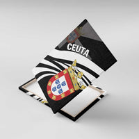 Angled view of black-and-white striped canvas wall art with crest shield and “CEUTA”