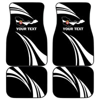 Set of four black car mats with white swirl lines and crest, 'YOUR TEXT' print