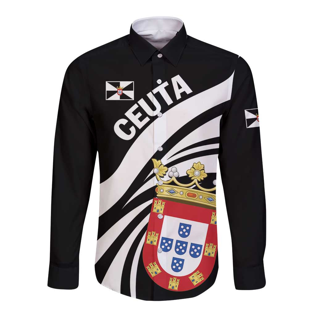 Black long-sleeve button shirt with diagonal stripes, crest, and CEUTA text graphic