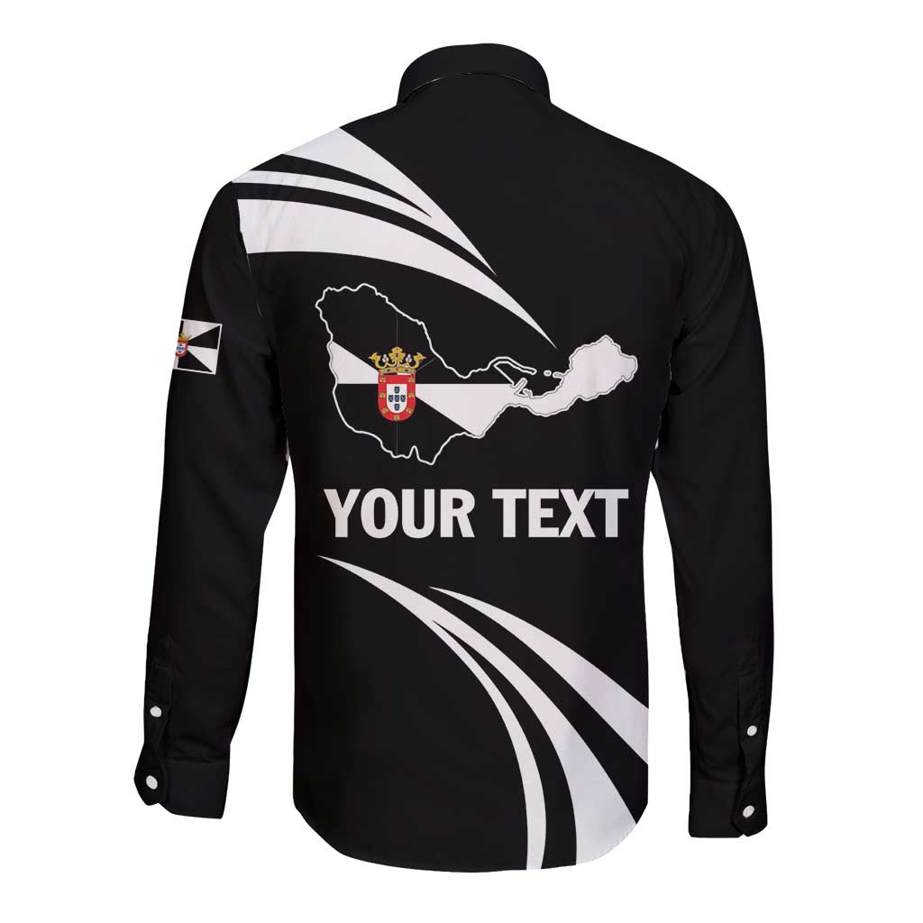 Black long-sleeve button shirt with back map graphic, crest, and YOUR TEXT lettering
