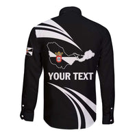 Black long-sleeve button shirt with back map graphic, crest, and YOUR TEXT lettering