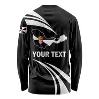 Black unisex long-sleeve shirt back with white stripe lines, map outline, and 'YOUR TEXT'