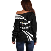 Black off-shoulder sweater with long sleeves, graphic and 'YOUR TEXT'
