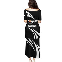 Black long dress back view with white swoosh print, map graphic, and custom text area