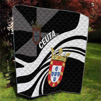 Black and white day quilt featuring crest emblem and CEUTA text with radial stripes