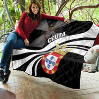 Black and white day quilt with crest emblem and CEUTA lettering, radial striped pattern