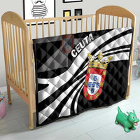 Black and white crib quilt with crest emblem and CEUTA lettering, radial stripe pattern