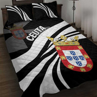Black quilt bed set with white stripes, CEUTA text, and arched crest patch