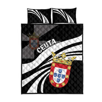 Black comforter and two pillows with white radiating stripes, CEUTA text, and crest