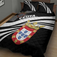 Black quilt bed set with white stripe pattern, CEUTA lettering, and shield crest
