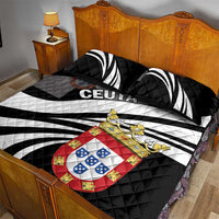 Black quilt bed set with white curved rays, CEUTA text, and colorful shield emblem