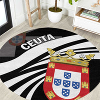 Black round carpet with Ceuta lettering, coat of arms crest, and bold white stripe pattern