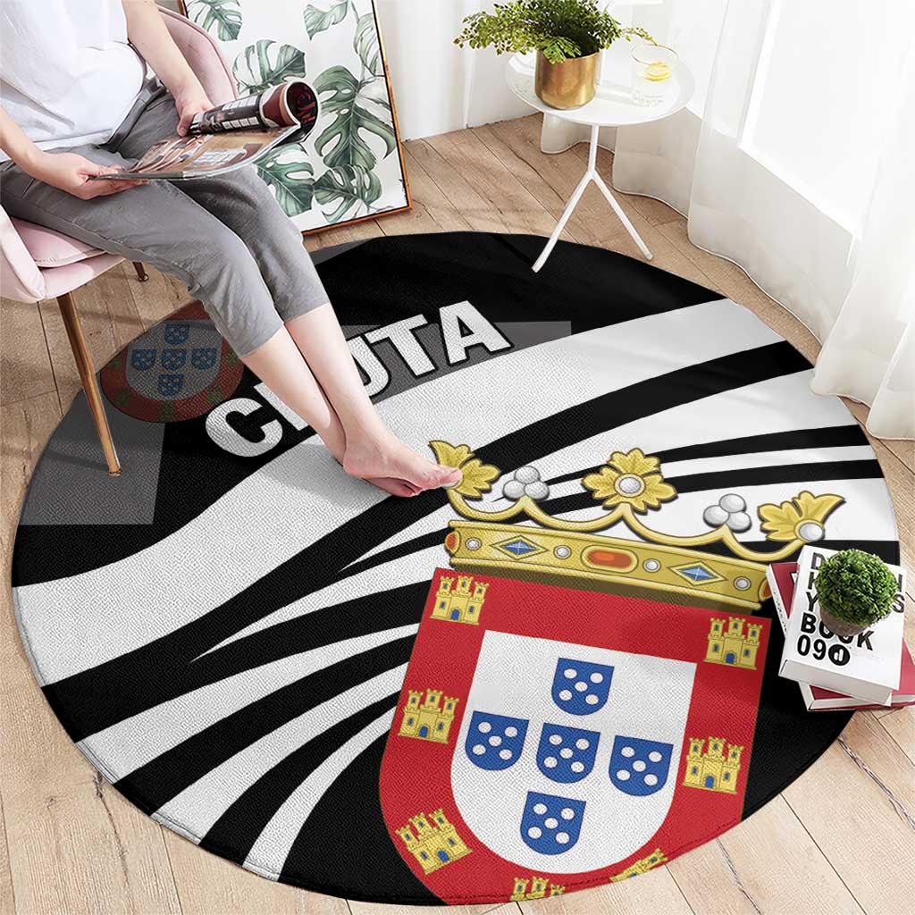 Black round carpet featuring Ceuta text, red-and-blue crest, and diagonal white stripes